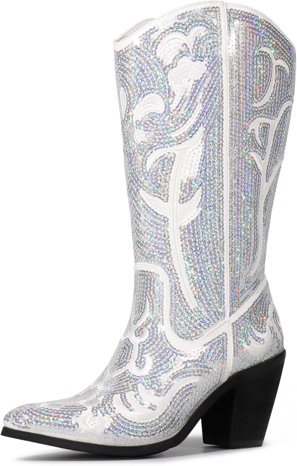 Hawkwell Women's Sequin Mid Calf Western Cowboy Boots Wide Calf High Fashion Zipper Pointed Toe Embroidered Tall Cowgirl Boots
