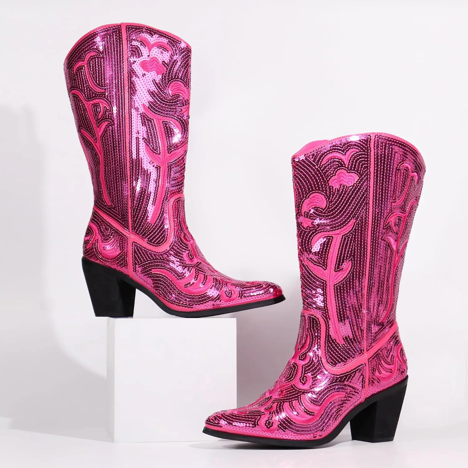 Hawkwell Women's Sequin Mid Calf Western Cowboy Boots Wide Calf High Fashion Zipper Pointed Toe Embroidered Tall Cowgirl Boots
