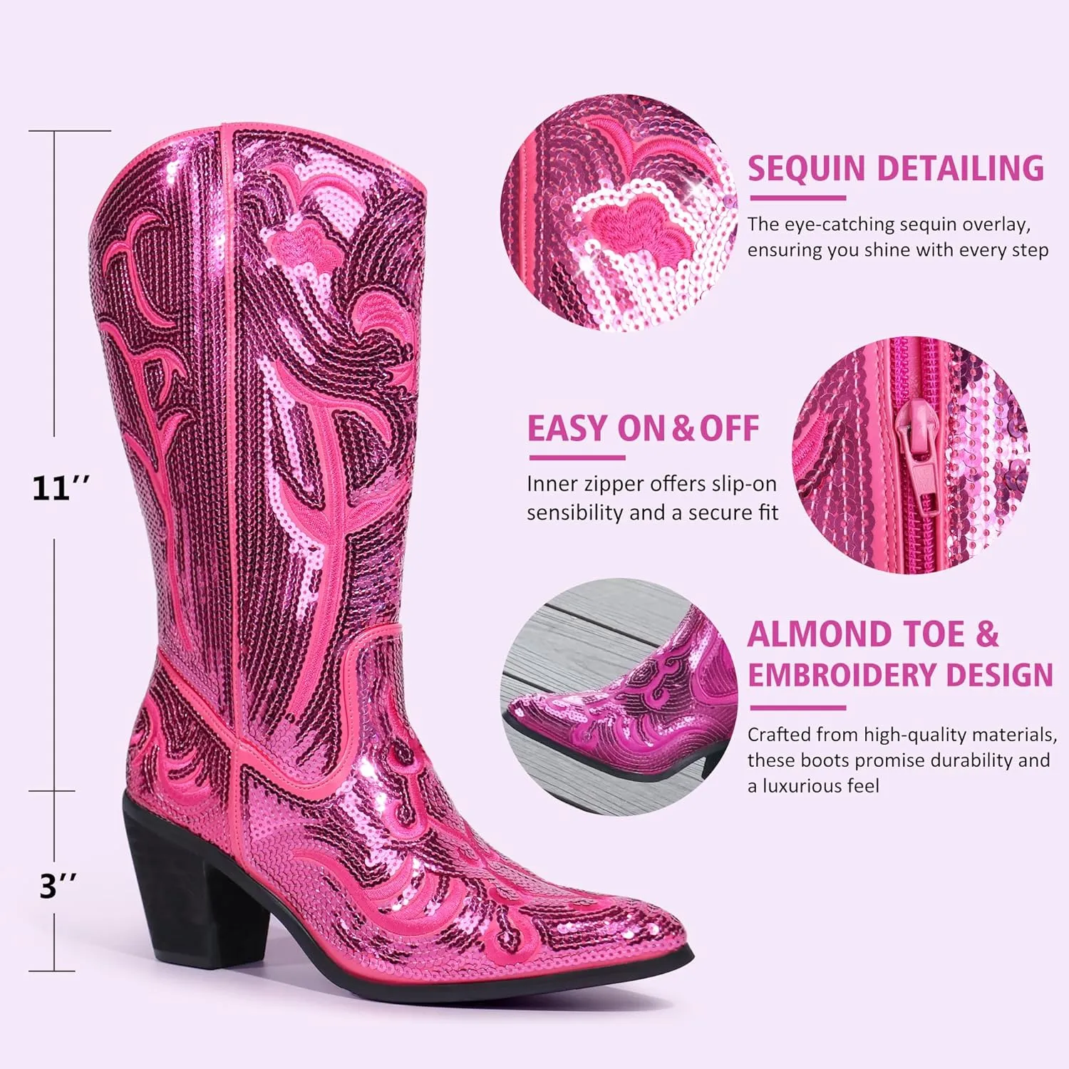 Hawkwell Women's Sequin Mid Calf Western Cowboy Boots Wide Calf High Fashion Zipper Pointed Toe Embroidered Tall Cowgirl Boots