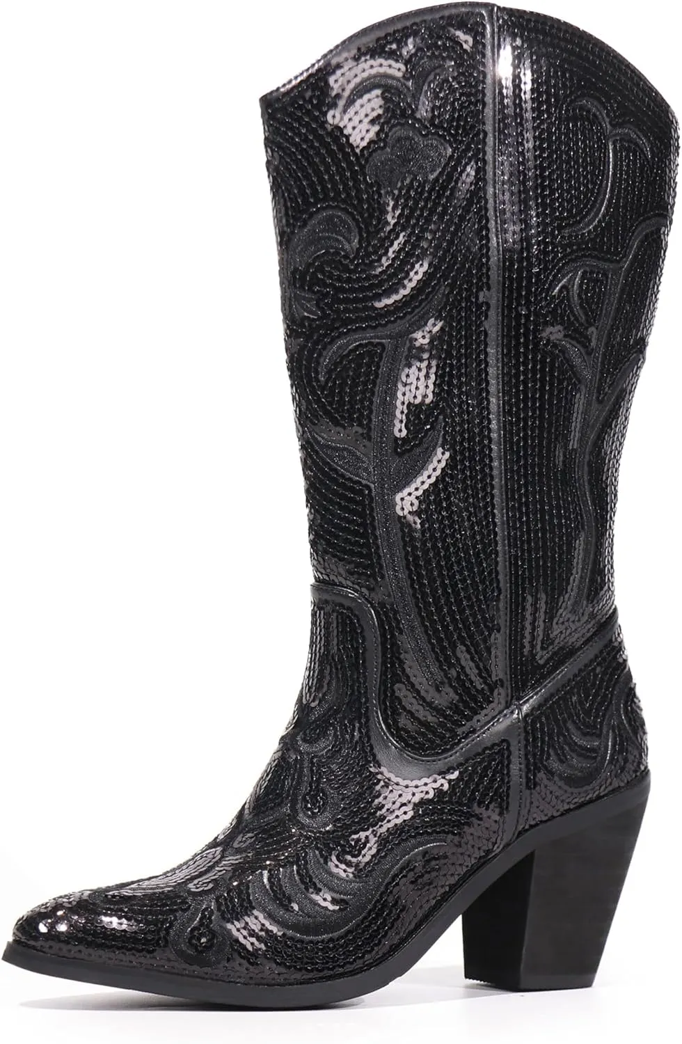Hawkwell Women's Sequin Mid Calf Western Cowboy Boots Wide Calf High Fashion Zipper Pointed Toe Embroidered Tall Cowgirl Boots
