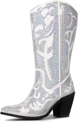 Hawkwell Women's Sequin Mid Calf Western Cowboy Boots Wide Calf High Fashion Zipper Pointed Toe Embroidered Tall Cowgirl Boots