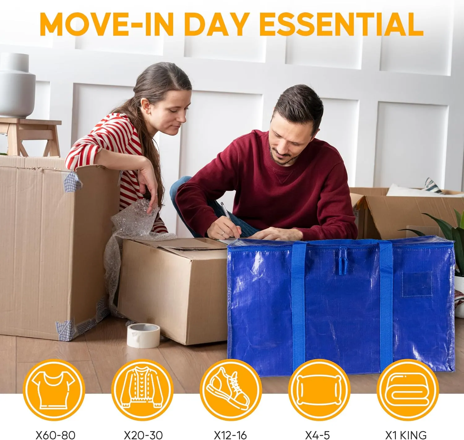 HealSmart 6 Pack Large Moving Bags with Zippers & Handles, Moving Supplies with lids, Heavy Duty Totes for Space Saving, Fold Flat, Moving and Storing, Blue