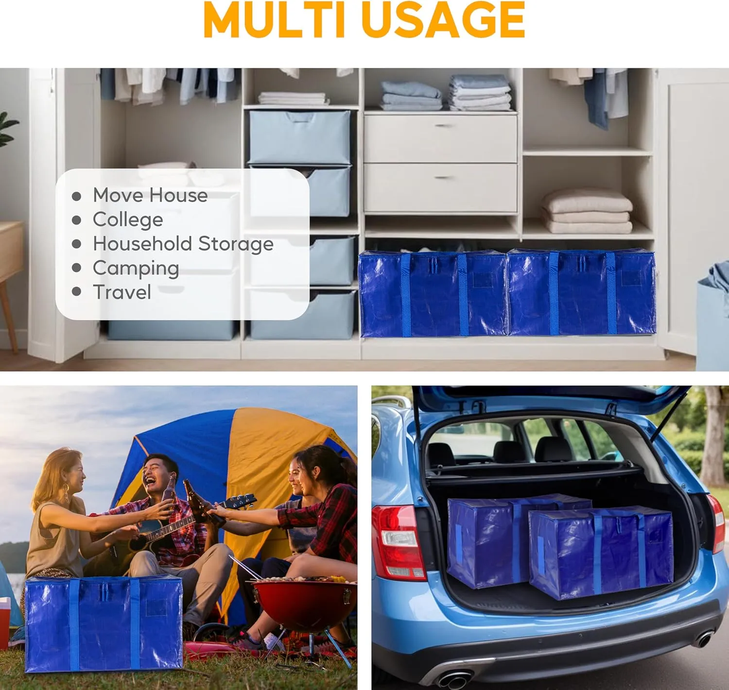 HealSmart 6 Pack Large Moving Bags with Zippers & Handles, Moving Supplies with lids, Heavy Duty Totes for Space Saving, Fold Flat, Moving and Storing, Blue