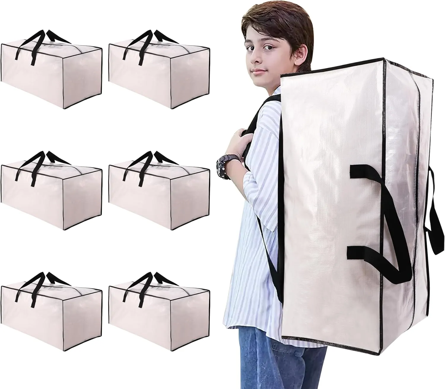 Heavy Duty Moving Bags with Backpack Straps and Strong Handles, Alternative to Moving Boxes and Storage Totes for Dorm Room Essentials, 6 Pack, Clear