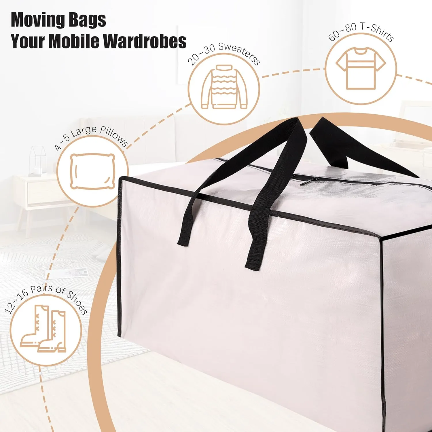 Heavy Duty Moving Bags with Backpack Straps and Strong Handles, Alternative to Moving Boxes and Storage Totes for Dorm Room Essentials, 6 Pack, Clear