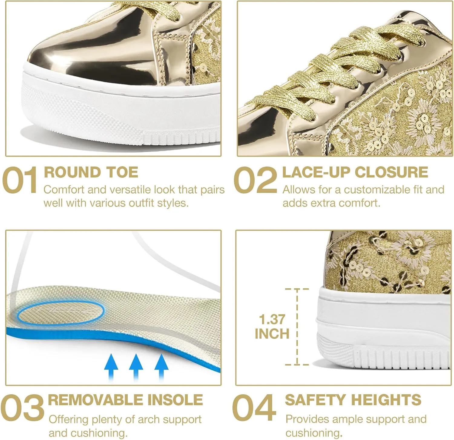HEEZ Womens Platform Sneakers Fashion Star Tennis Shoes Lace Up Glitter Comfortable Walking Shoes