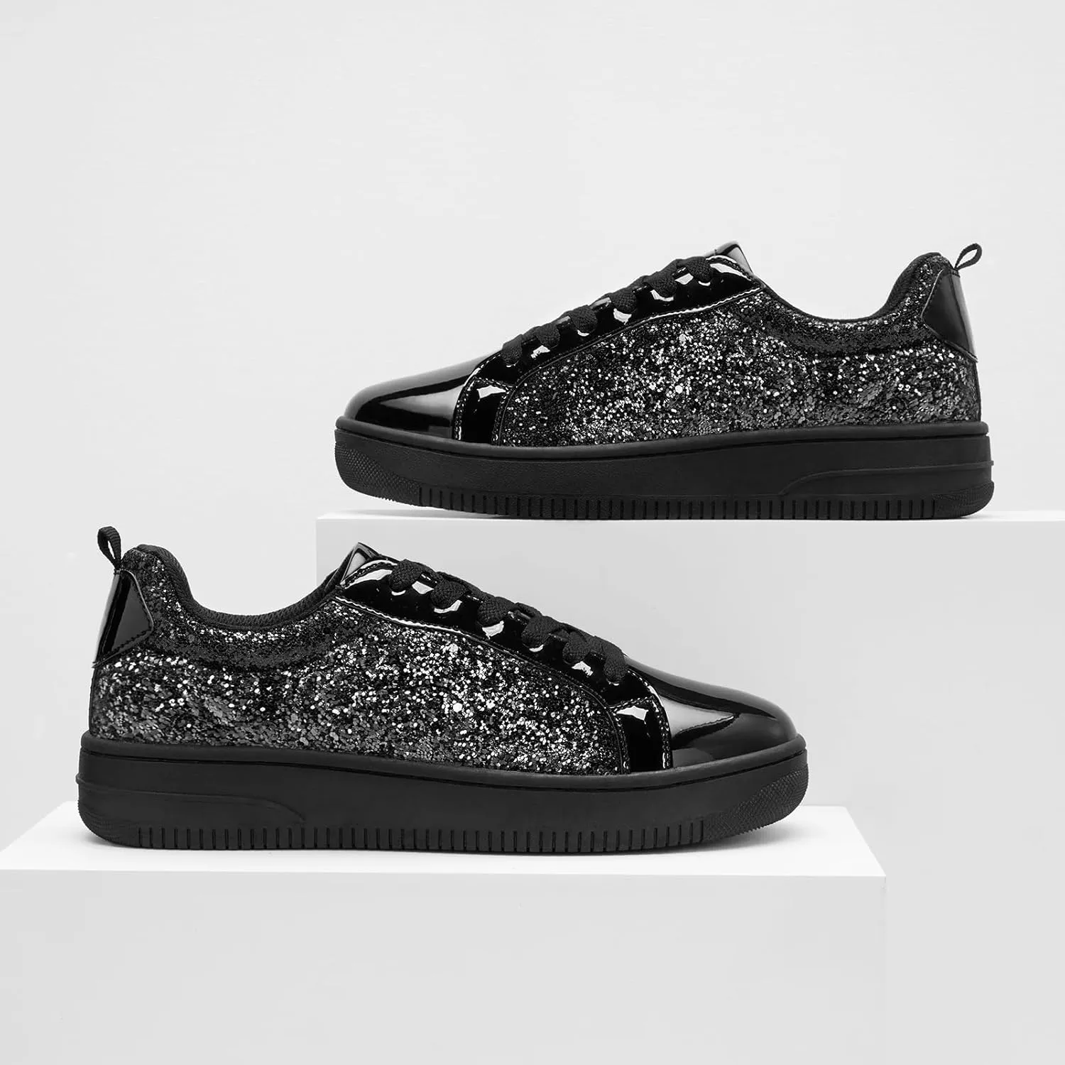 HEEZ Womens Platform Sneakers Fashion Star Tennis Shoes Lace Up Glitter Comfortable Walking Shoes