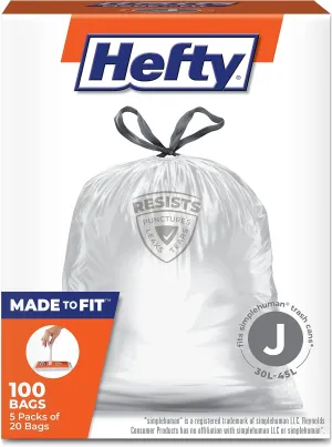 Hefty Made to Fit Trash Bags, Fits simplehuman Size J (12 Gallons),100 Count (5 Pouches of 20 Bags Each)