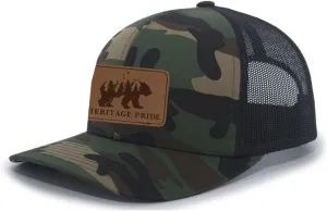 Heritage Pride Scenic Bear Engraved Leather Patch Mens Trucker Hat Baseball Cap