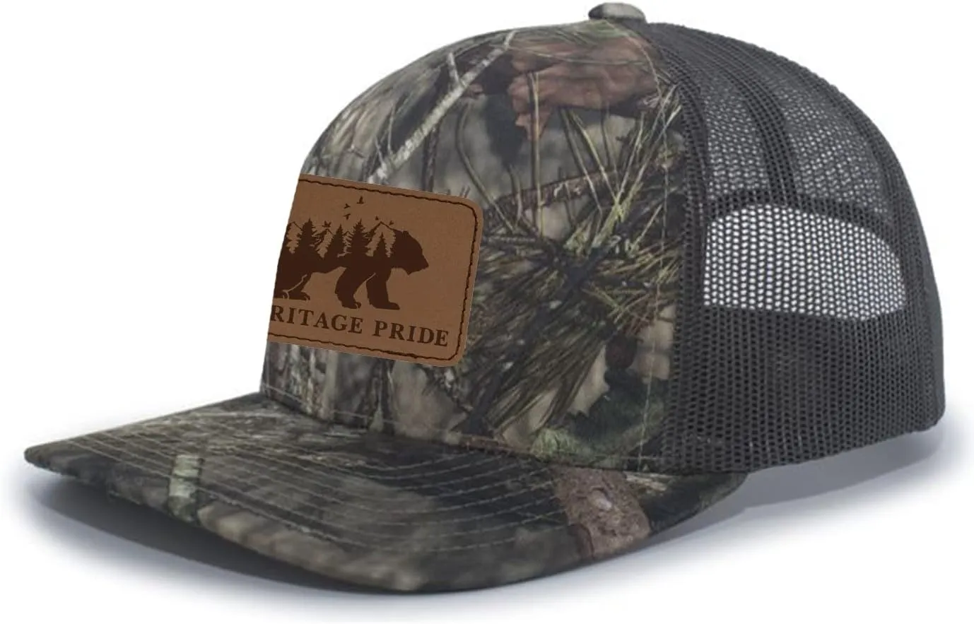 Heritage Pride Scenic Bear Engraved Leather Patch Mens Trucker Hat Baseball Cap
