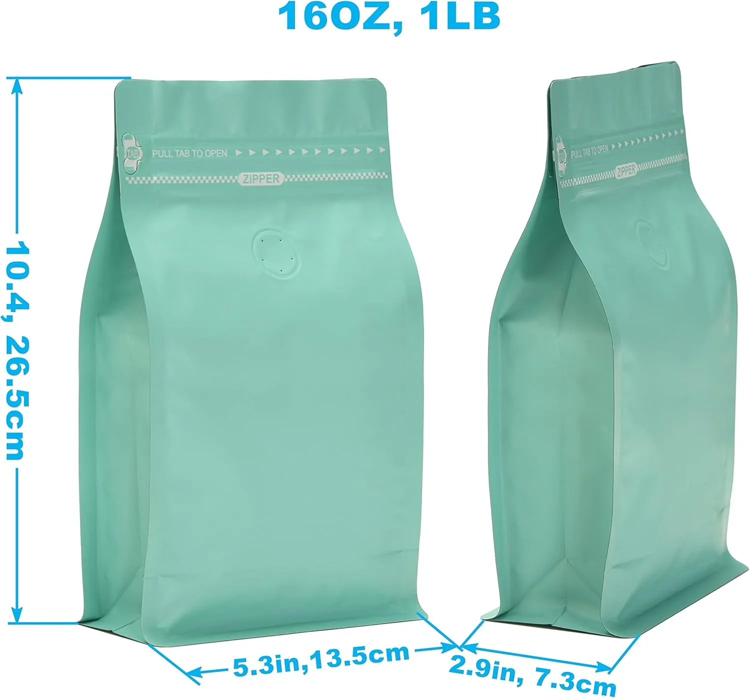 High Barrier Foil Coffee Bags with Degassing Valve, Resealable Coffee Pouches with Air Release Valve, Flat Bottom & Pull Tab Zipper, Matt Green Blue (50, 16oz/1lb/500gm)