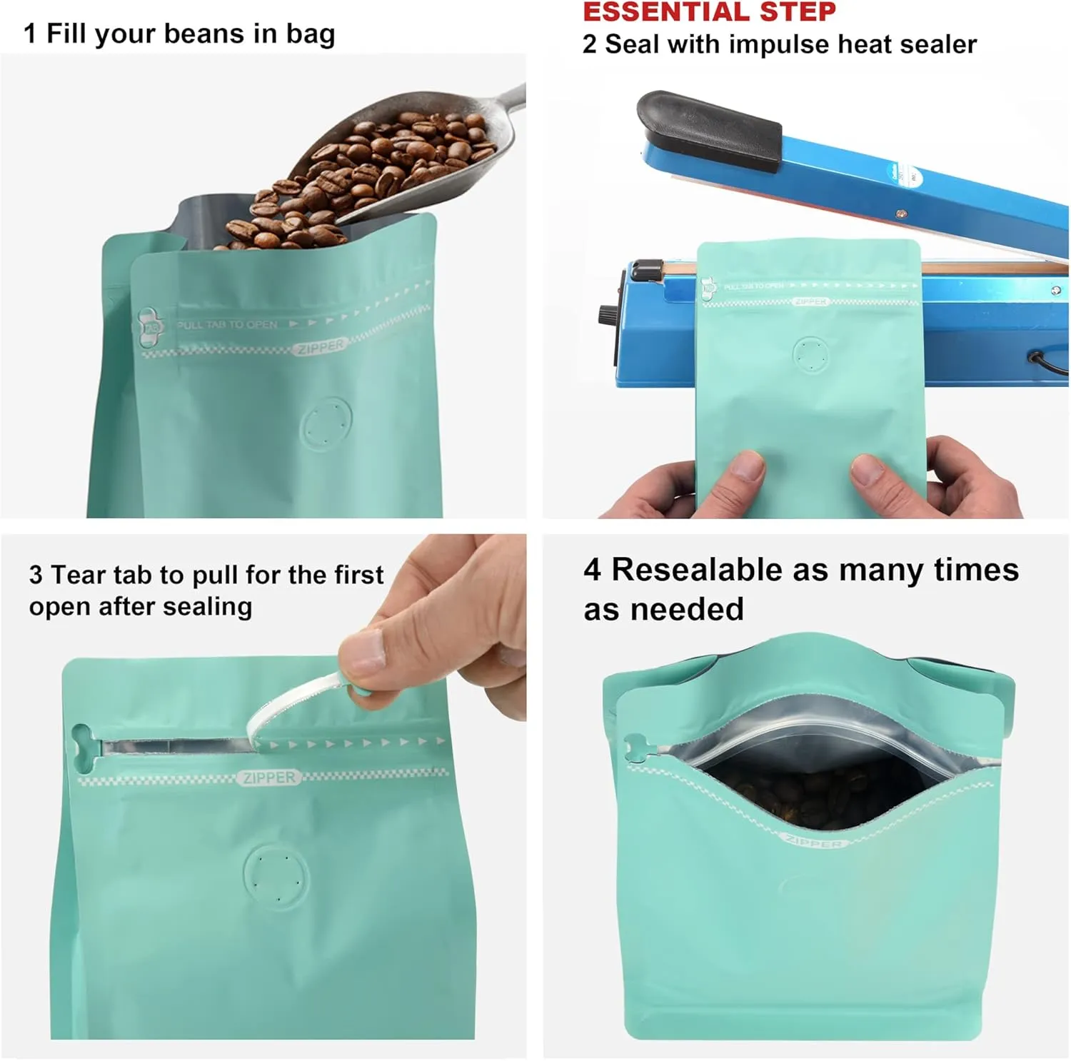 High Barrier Foil Coffee Bags with Degassing Valve, Resealable Coffee Pouches with Air Release Valve, Flat Bottom & Pull Tab Zipper, Matt Green Blue (50, 16oz/1lb/500gm)