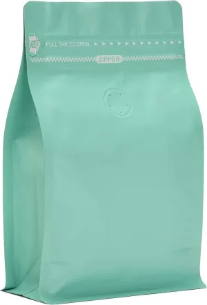 High Barrier Foil Coffee Bags with Degassing Valve, Resealable Coffee Pouches with Air Release Valve, Flat Bottom & Pull Tab Zipper, Matt Green Blue (50, 16oz/1lb/500gm)