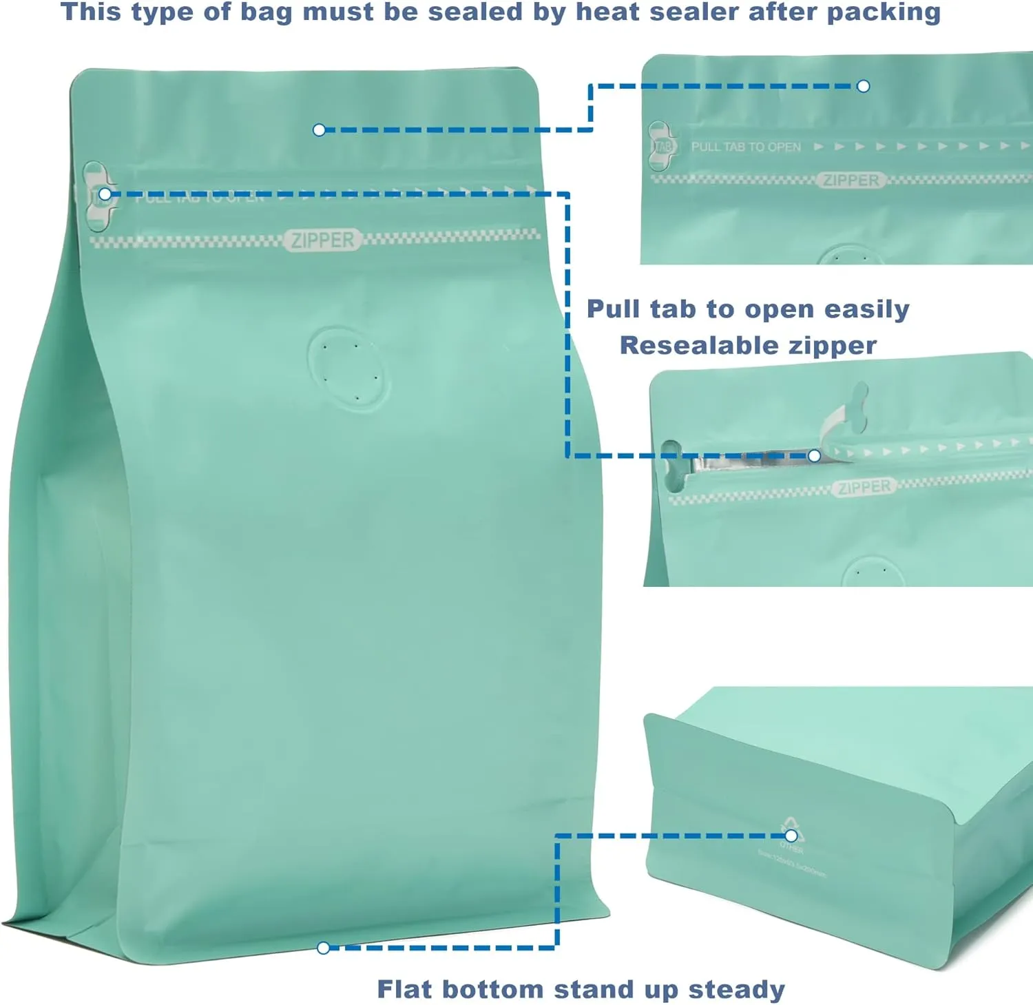 High Barrier Foil Coffee Bags with Degassing Valve, Resealable Coffee Pouches with Air Release Valve, Flat Bottom & Pull Tab Zipper, Matt Green Blue (50, 16oz/1lb/500gm)