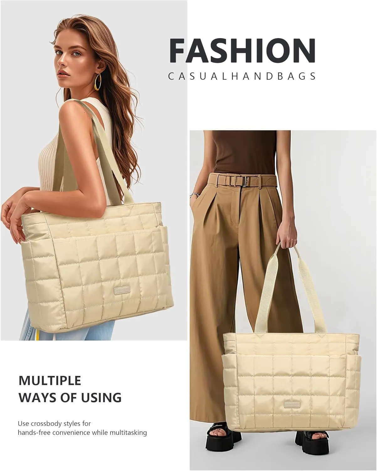HKCLUF Quilted Puffer Tote Bag for Women 20L Lightweight Waterproof Large Work Travel Gym Tote Bag with Laptop Compartment
