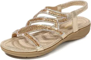 HNGHOU Womens Flats Sandals Summer Gladiator Bohemian Beaded Dress Shoes Comfortable Open Toe Sandal Flat (Black, US 5.5)