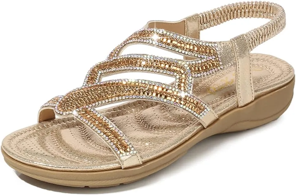 HNGHOU Womens Flats Sandals Summer Gladiator Bohemian Beaded Dress Shoes Comfortable Open Toe Sandal Flat (Black, US 5.5)