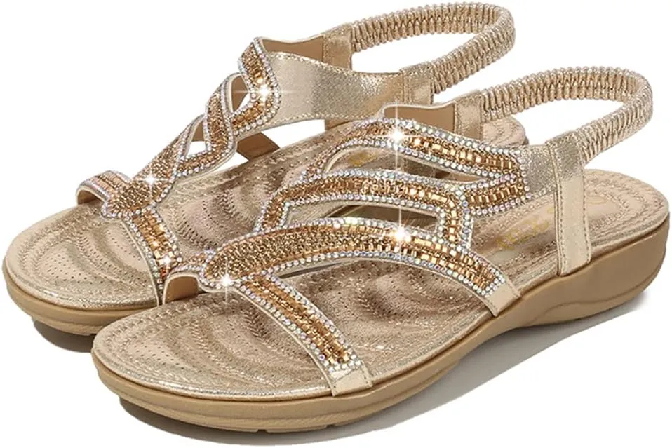 HNGHOU Womens Flats Sandals Summer Gladiator Bohemian Beaded Dress Shoes Comfortable Open Toe Sandal Flat (Black, US 5.5)