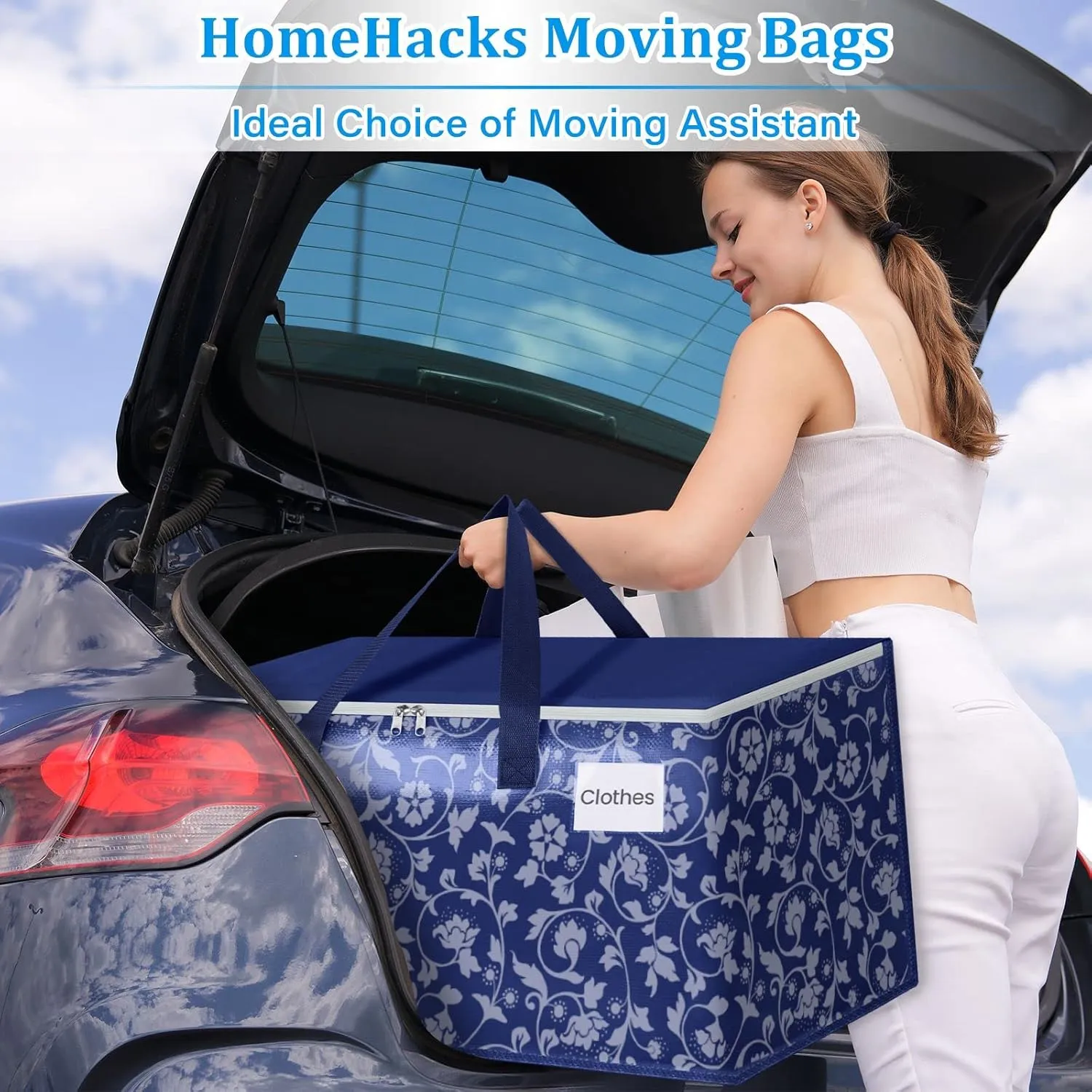 HomeHacks Moving Bags, Extra Large Size Moving Boxes, Heavy Duty Luggage Bags with Smooth Zipper and Sturdy Handles, Large Capacity & Easy Loading Storage Totes for Space Saver 88L, 6-Pack, Blue