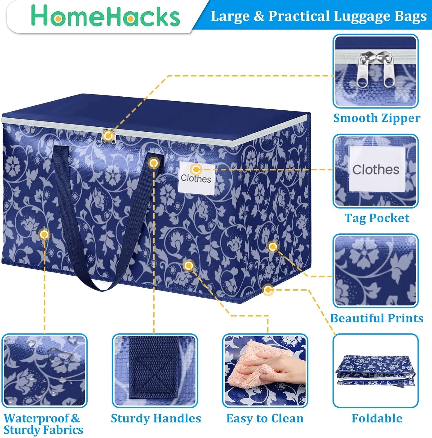 HomeHacks Moving Bags, Extra Large Size Moving Boxes, Heavy Duty Luggage Bags with Smooth Zipper and Sturdy Handles, Large Capacity & Easy Loading Storage Totes for Space Saver 88L, 6-Pack, Blue