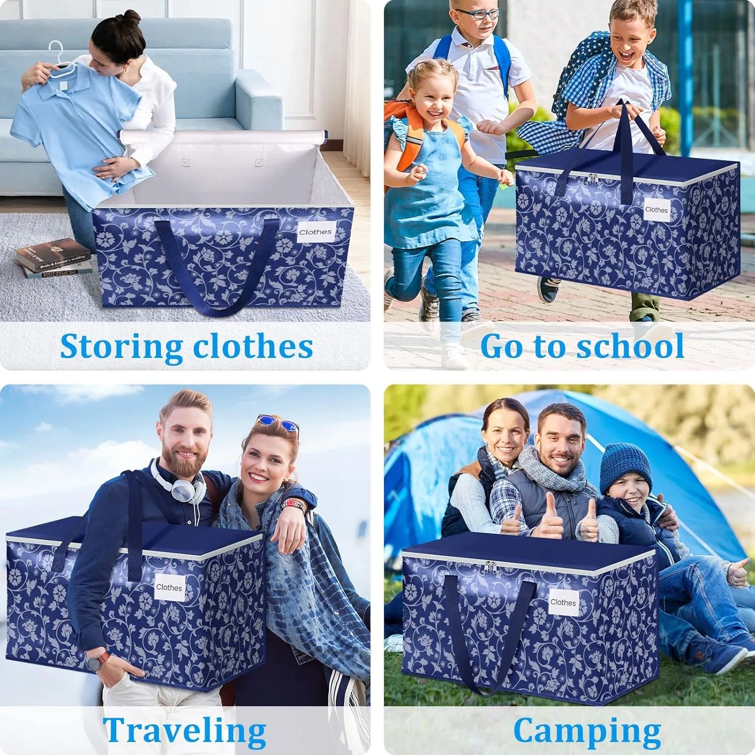 HomeHacks Moving Bags, Extra Large Size Moving Boxes, Heavy Duty Luggage Bags with Smooth Zipper and Sturdy Handles, Large Capacity & Easy Loading Storage Totes for Space Saver 88L, 6-Pack, Blue