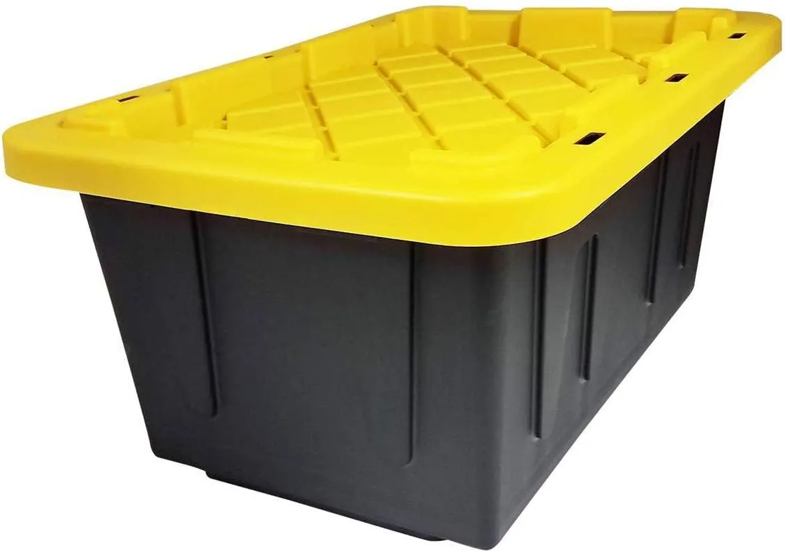HOMZ 2-Pack Durabilt, Heavy Duty Plastic Storage Bins with Lids, 15 Gallon, Black/Yellow - Stackable Container Boxes for Home, Attic, and Garage Organization