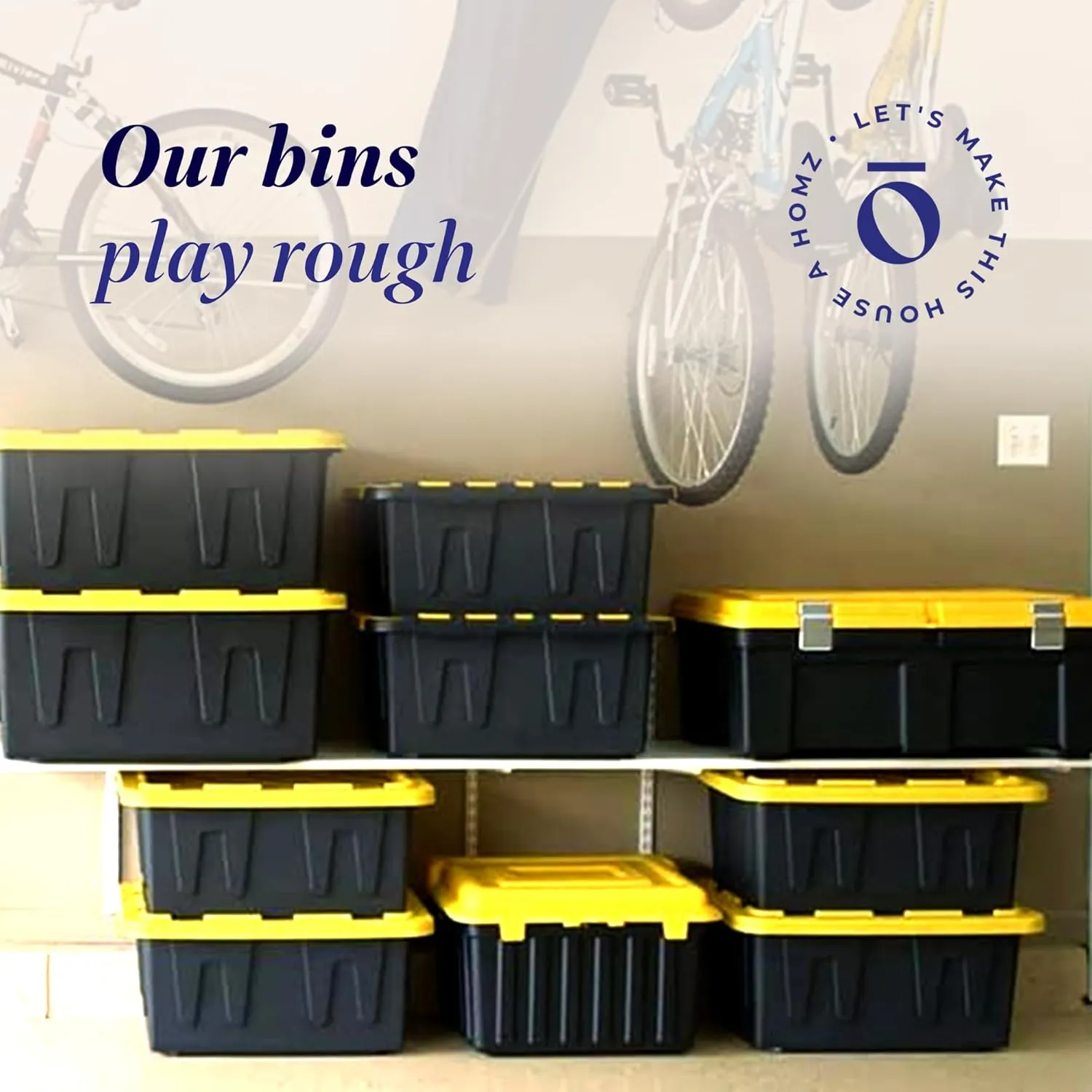 HOMZ 2-Pack Durabilt, Heavy Duty Plastic Storage Bins with Lids, 27 Gallon, Black/Yellow - Stackable Container Boxes for Home, Attic, and Garage Organization