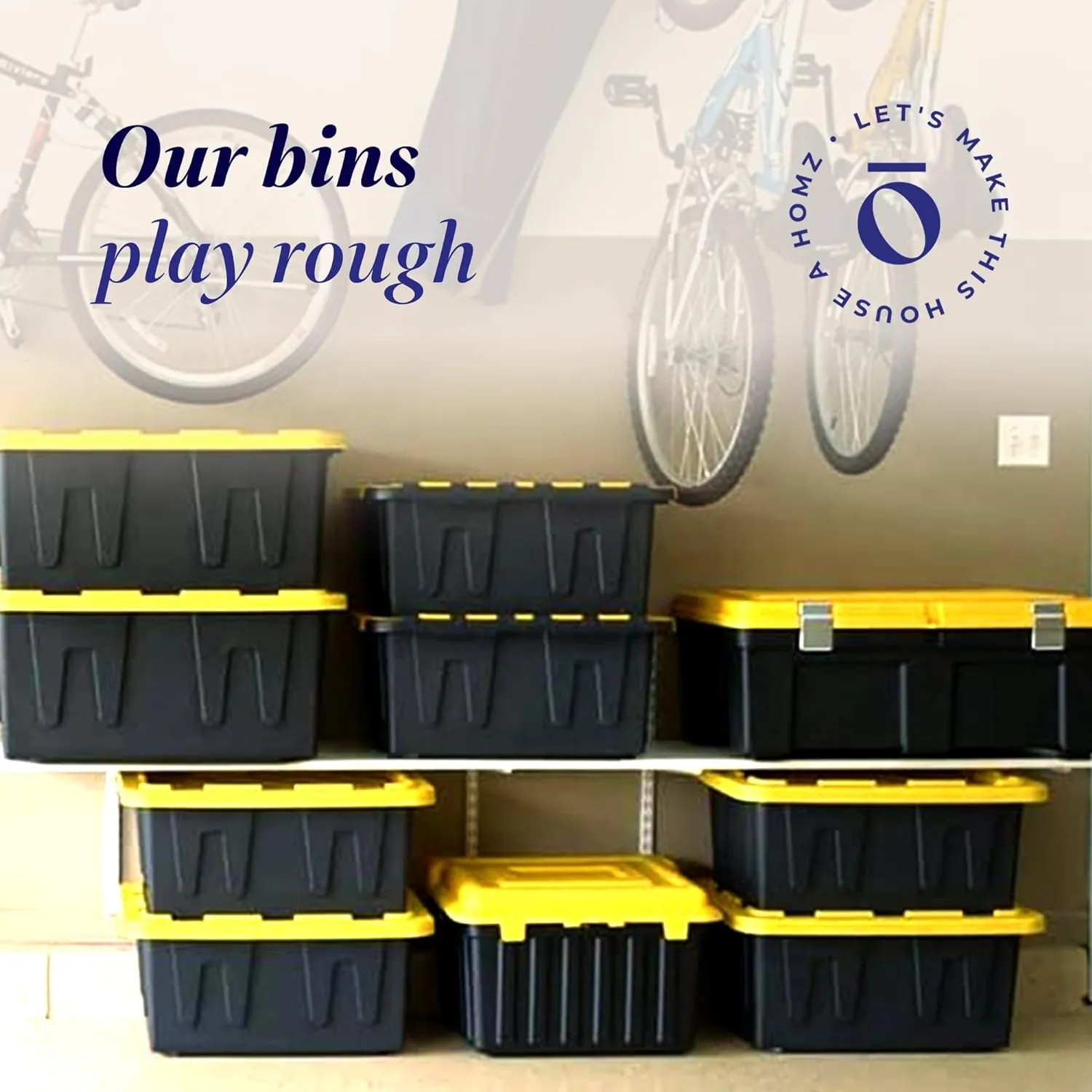 HOMZ 2-Pack Durabilt, Heavy Duty Plastic Storage Bins with Lids, 27 Gallon, Black/Yellow - Stackable Container Boxes for Home, Attic, and Garage Organization