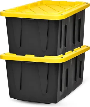 HOMZ 2-Pack Durabilt, Heavy Duty Plastic Storage Bins with Lids, 27 Gallon, Black/Yellow - Stackable Container Boxes for Home, Attic, and Garage Organization
