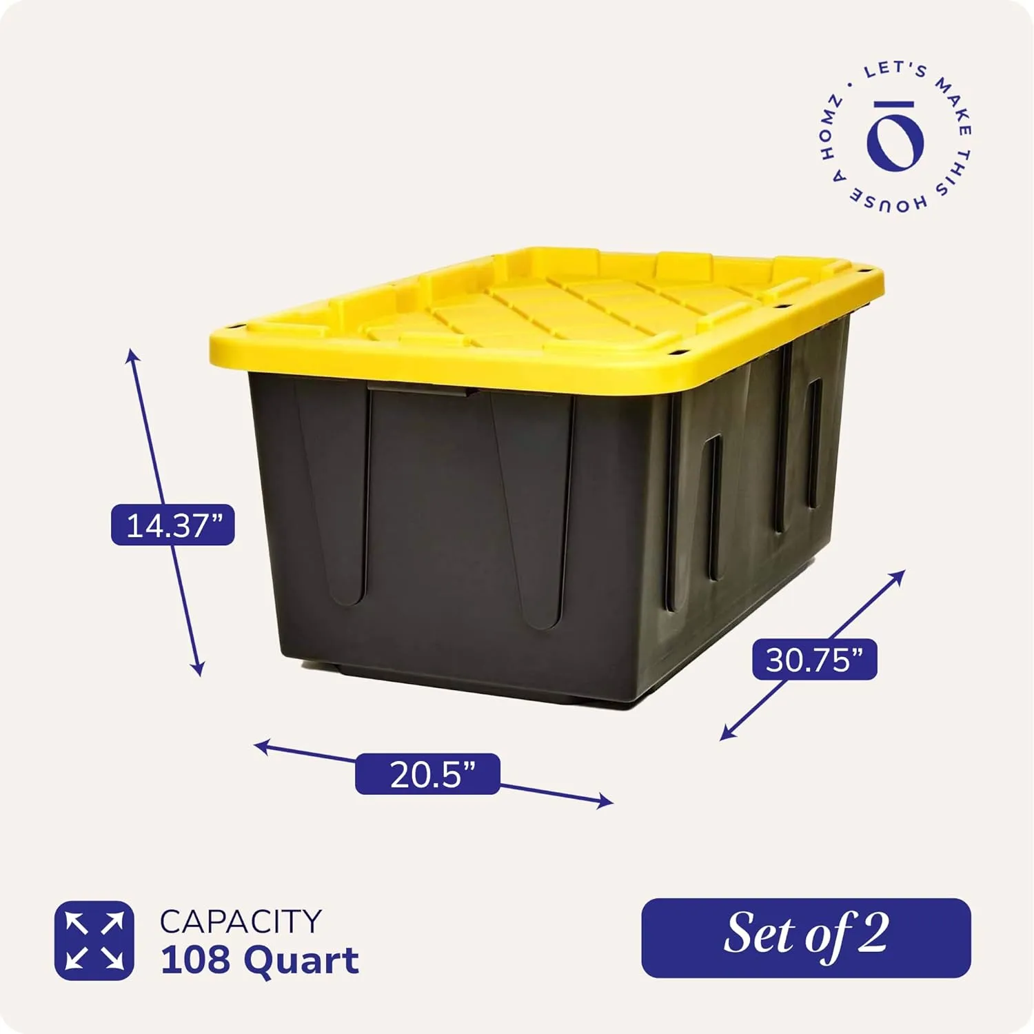 HOMZ 2-Pack Durabilt, Heavy Duty Plastic Storage Bins with Lids, 27 Gallon, Black/Yellow - Stackable Container Boxes for Home, Attic, and Garage Organization