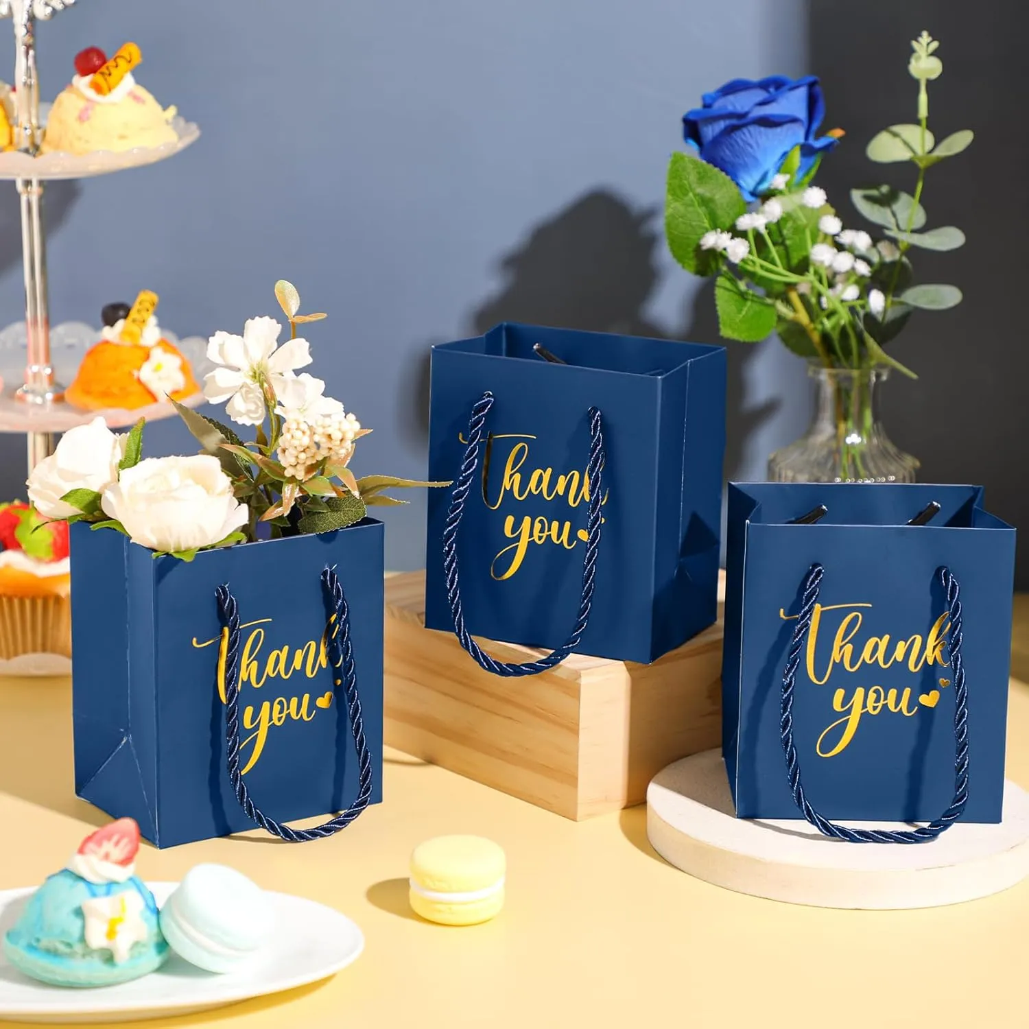 Honoson 30 Pcs Mini Gift Bag with Handle 4 x 2.75 x 4.5'' Small Thank You Paper Bag for Wedding Baby Shower Birthday Graduation Thanksgiving Party Favor Supplies(Blue/Gold)