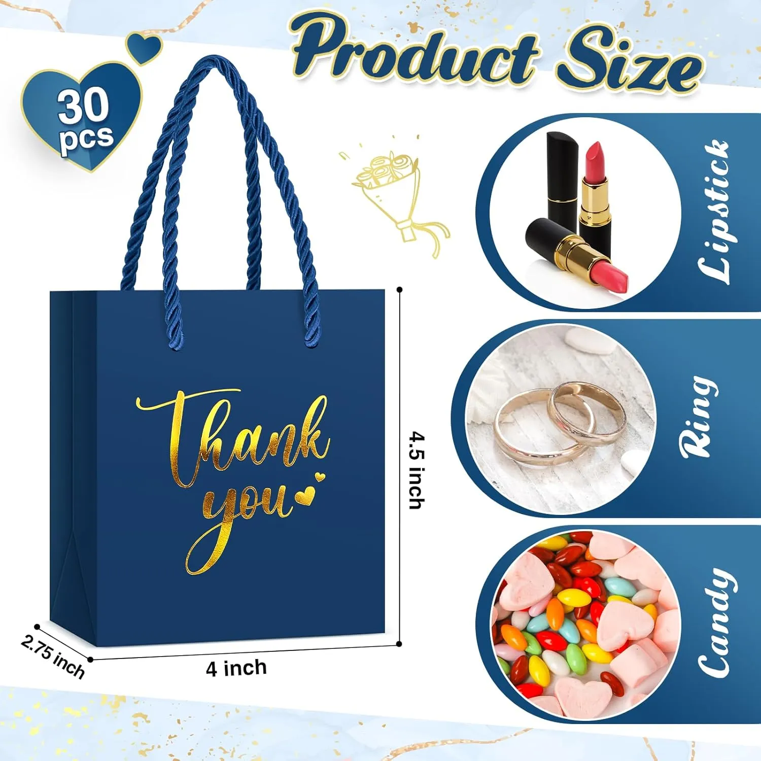 Honoson 30 Pcs Mini Gift Bag with Handle 4 x 2.75 x 4.5'' Small Thank You Paper Bag for Wedding Baby Shower Birthday Graduation Thanksgiving Party Favor Supplies(Blue/Gold)