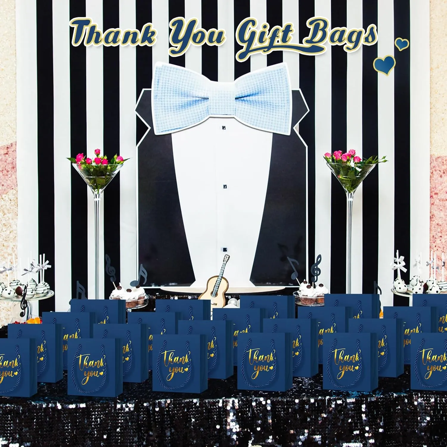 Honoson 30 Pcs Mini Gift Bag with Handle 4 x 2.75 x 4.5'' Small Thank You Paper Bag for Wedding Baby Shower Birthday Graduation Thanksgiving Party Favor Supplies(Blue/Gold)