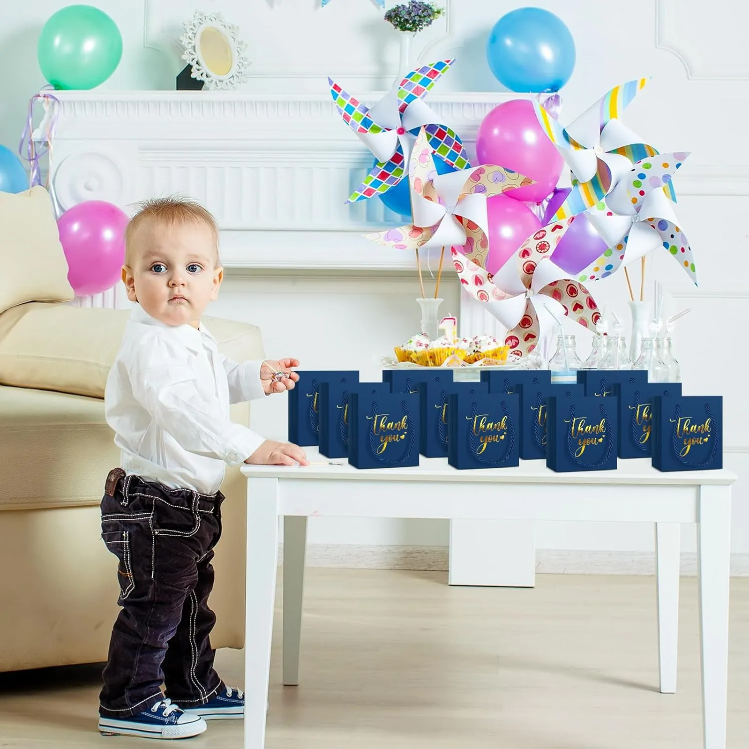 Honoson 30 Pcs Mini Gift Bag with Handle 4 x 2.75 x 4.5'' Small Thank You Paper Bag for Wedding Baby Shower Birthday Graduation Thanksgiving Party Favor Supplies(Blue/Gold)