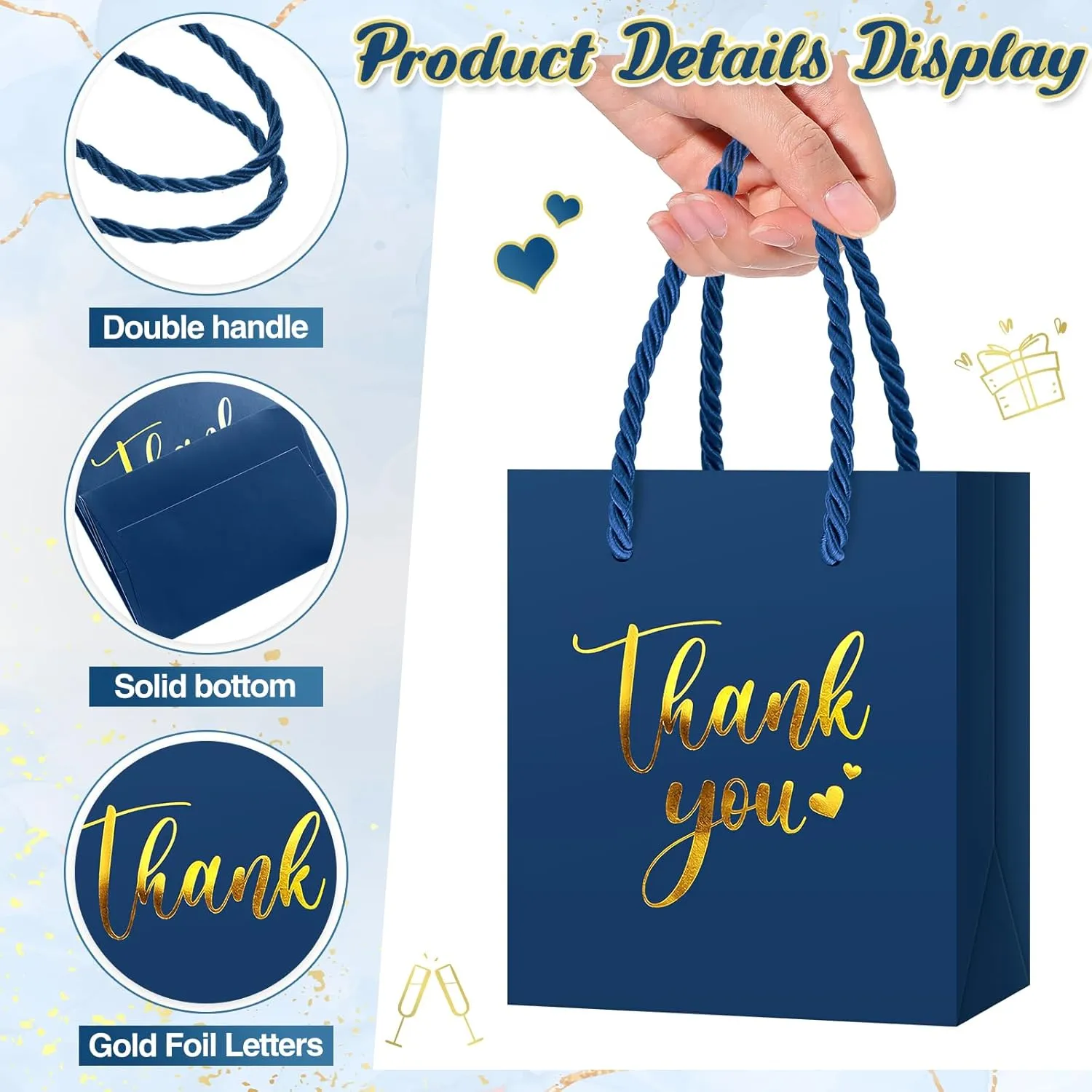 Honoson 30 Pcs Mini Gift Bag with Handle 4 x 2.75 x 4.5'' Small Thank You Paper Bag for Wedding Baby Shower Birthday Graduation Thanksgiving Party Favor Supplies(Blue/Gold)
