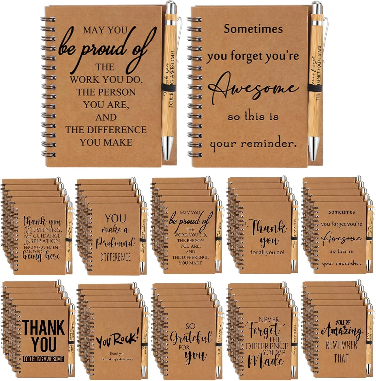 Honoson 50 Sets Spiral Notebooks Sets Employee Appreciation Gifts Bulk Inspirational Journals with Retractable Bamboo Pens Encouragement Notepad Thank You Gifts for Staff Teacher Coworker