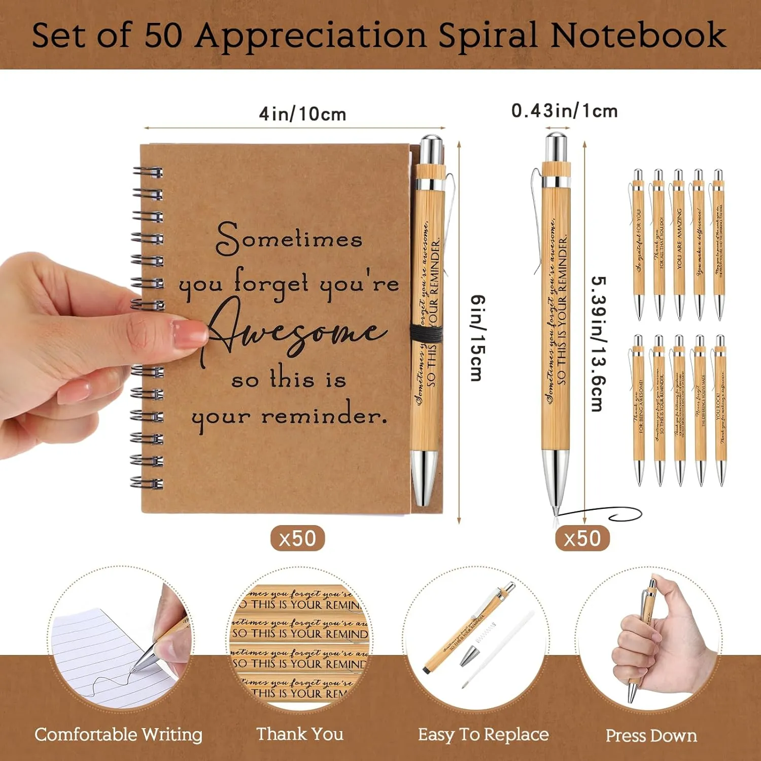 Honoson 50 Sets Spiral Notebooks Sets Employee Appreciation Gifts Bulk Inspirational Journals with Retractable Bamboo Pens Encouragement Notepad Thank You Gifts for Staff Teacher Coworker