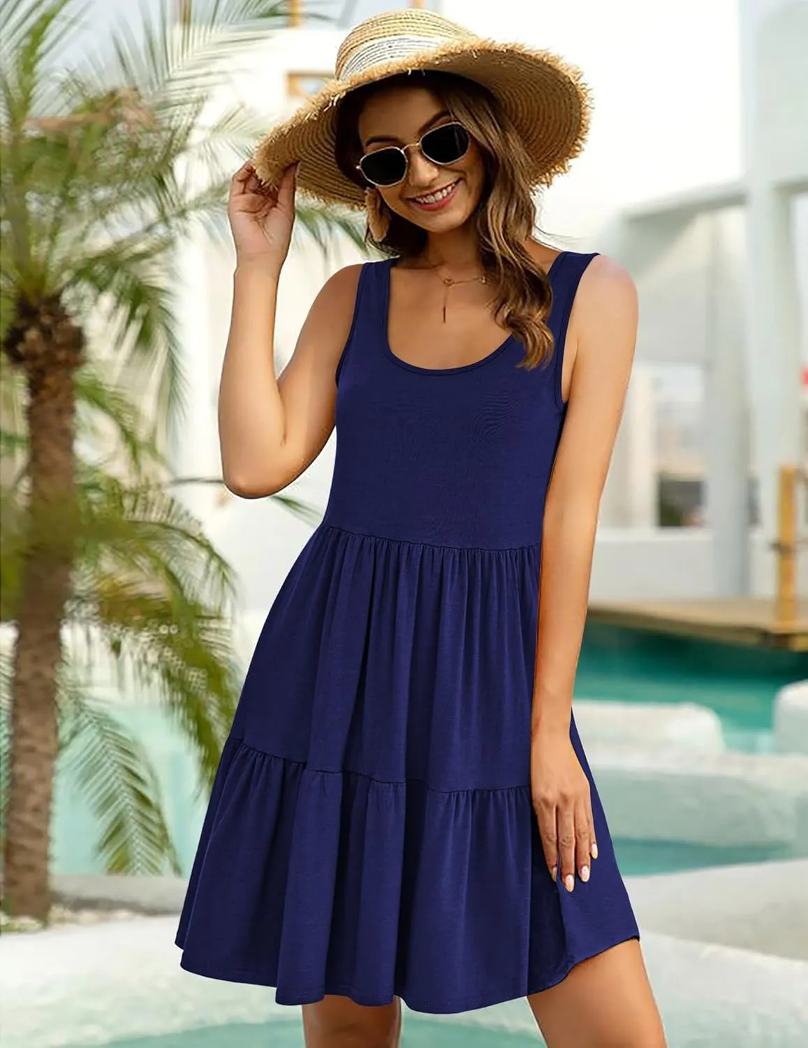 HOTOUCH Women Casual Summer Dress Sleeveless Ruffle Swing Dress with Pockets Tiered Mini Sundress Tank Short Dress A Line
