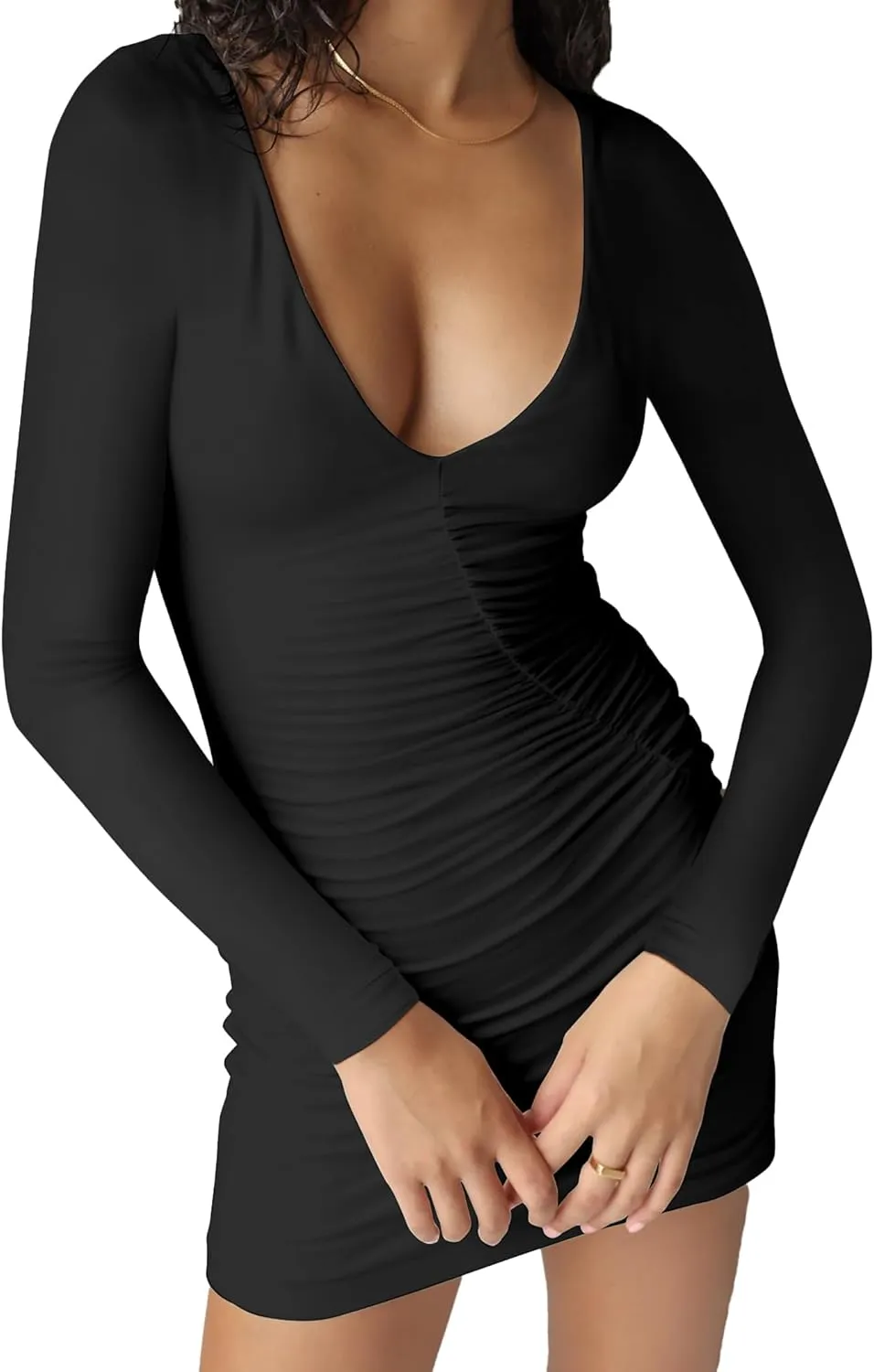 HYPERFIRE Women's Sexy Long Sleeve V Neck Ruched Mini Bodycon Dress Short Party Club Dresses