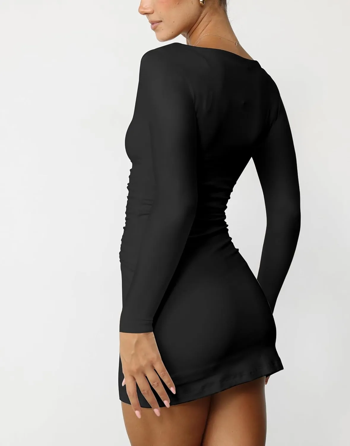 HYPERFIRE Women's Sexy Long Sleeve V Neck Ruched Mini Bodycon Dress Short Party Club Dresses