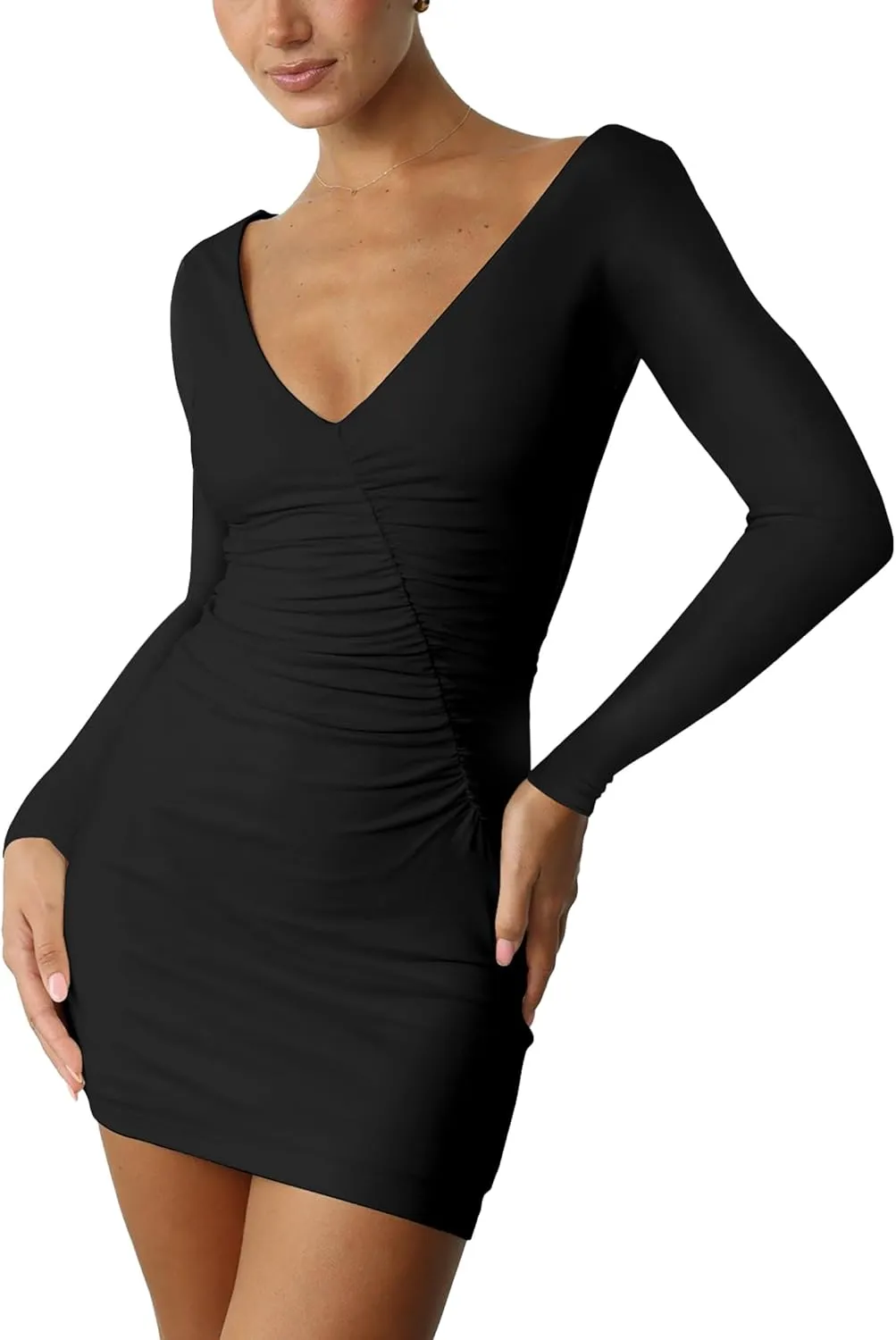 HYPERFIRE Women's Sexy Long Sleeve V Neck Ruched Mini Bodycon Dress Short Party Club Dresses