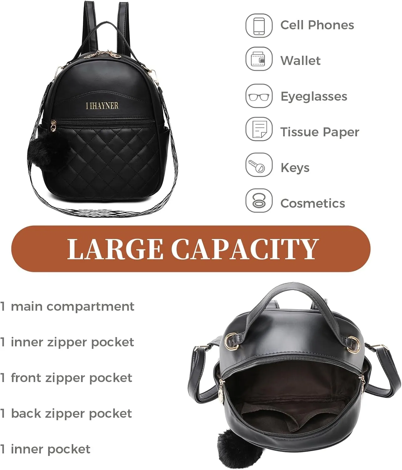 I IHAYNER Girls Fashion Backpack Purse Small Cute Mini Backpack for Girls Teen Vegan Leather Women Pom Backpack Shoulder Bag Pure Black-1
