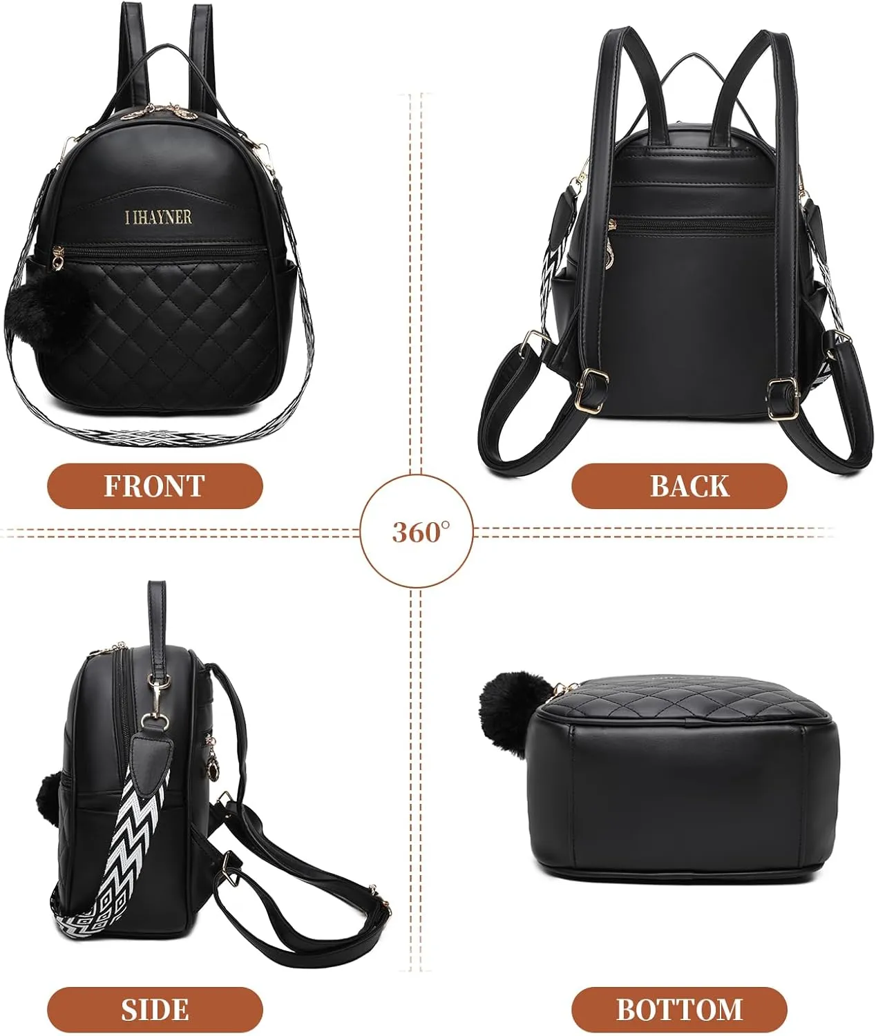 I IHAYNER Girls Fashion Backpack Purse Small Cute Mini Backpack for Girls Teen Vegan Leather Women Pom Backpack Shoulder Bag Pure Black-1