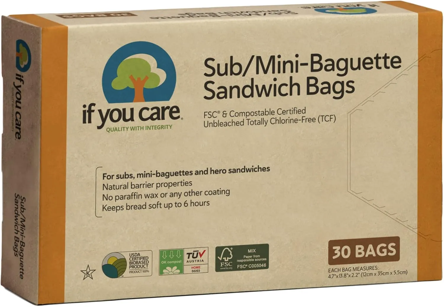 If You Care Sandwich Bags for Subs, Mini Baguettes, Hoagie â€“ 12 Pack of 30 CT Boxes - Unbleached, Chlorine Free, Greaseproof, Compostable, Biodegradable, Large Paper Baggies