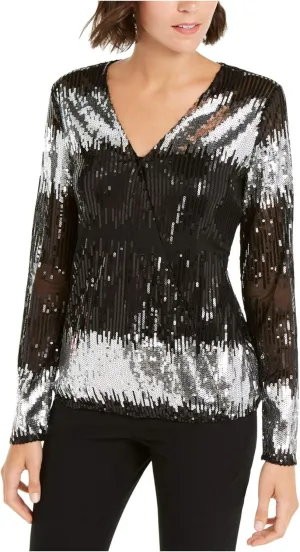 INC Womens Black Sequined Printed Long Sleeve V Neck Blouse Party Top Size