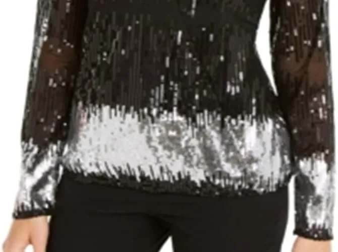 INC Womens Black Sequined Printed Long Sleeve V Neck Blouse Party Top Size