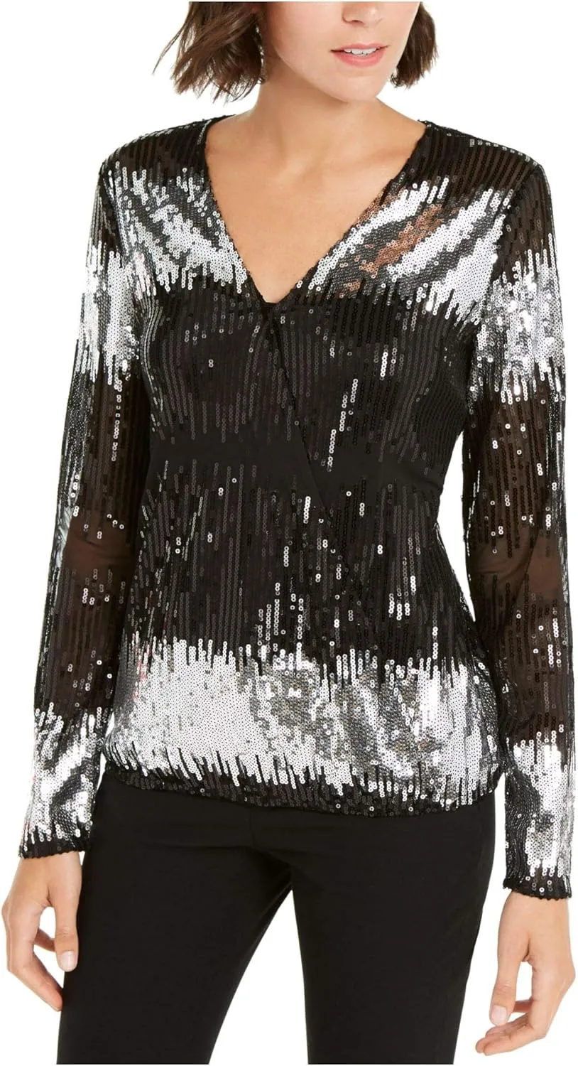 INC Womens Black Sequined Printed Long Sleeve V Neck Blouse Party Top Size