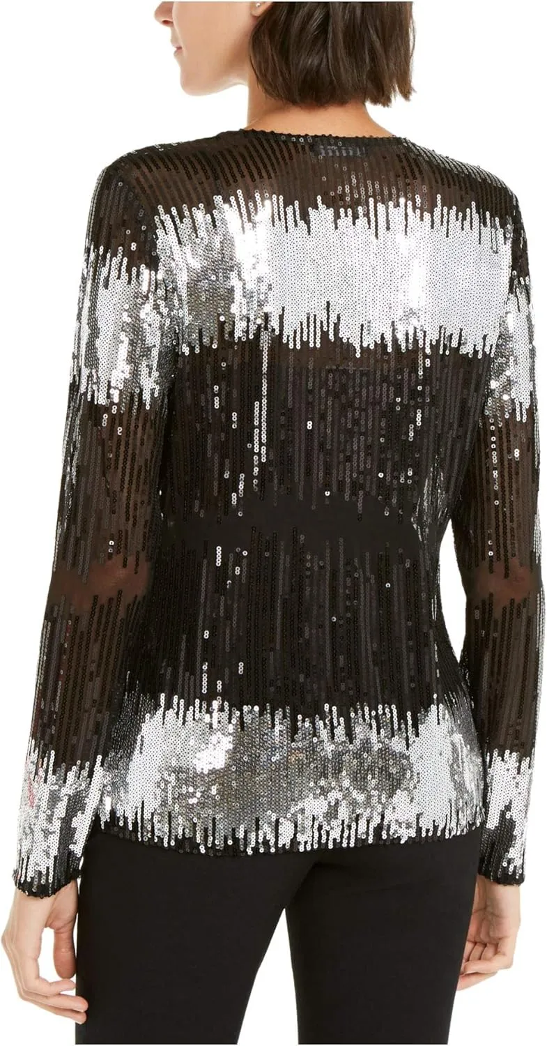 INC Womens Black Sequined Printed Long Sleeve V Neck Blouse Party Top Size