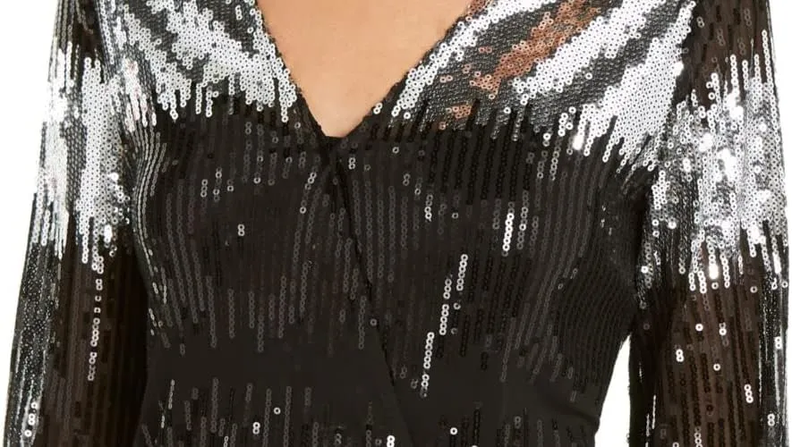 INC Womens Black Sequined Printed Long Sleeve V Neck Blouse Party Top Size