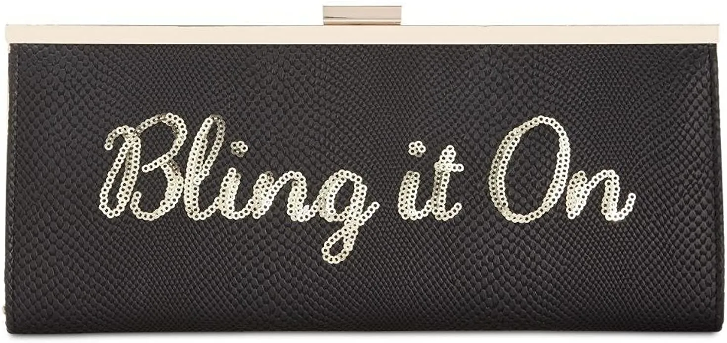 INC Womens Carolyn Faux Leather Sequined Clutch Handbag Black Small